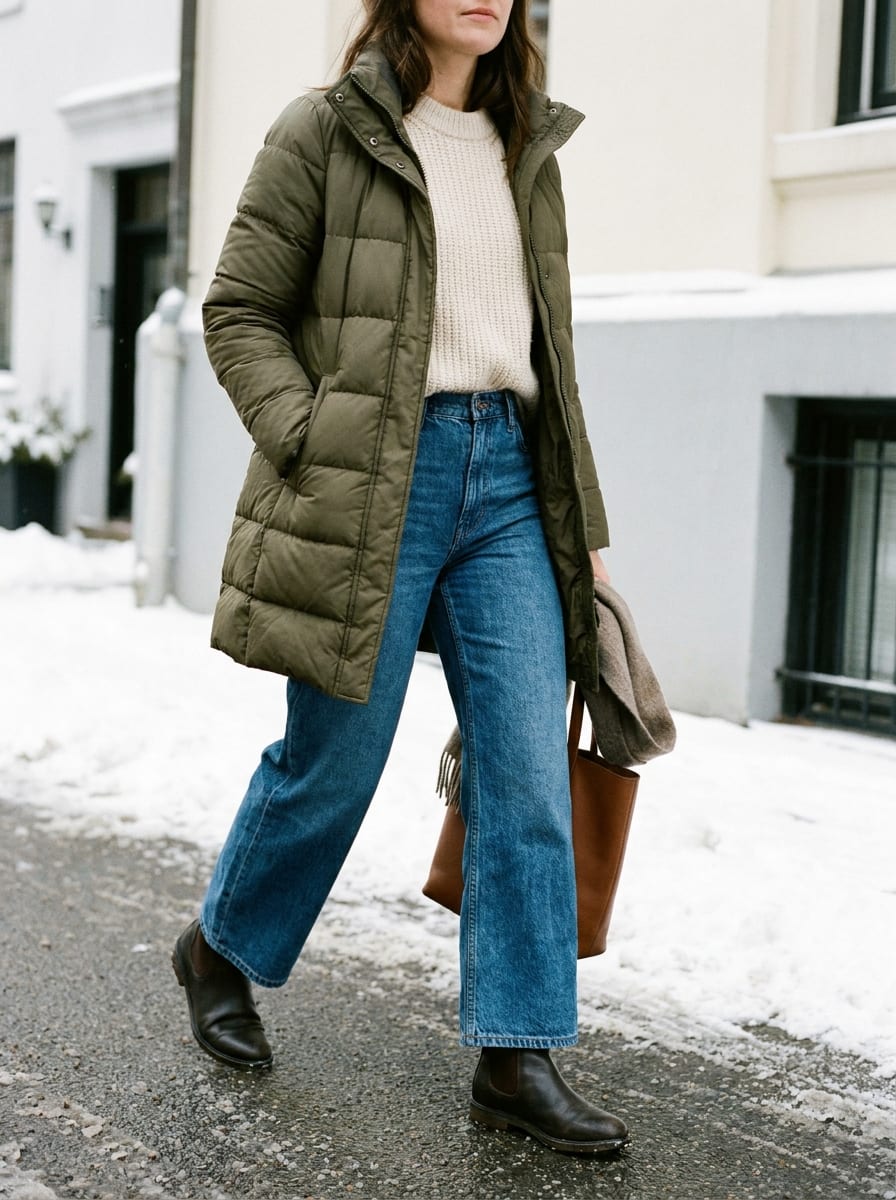 Steppjacke mit Strick und weiter Jeans - Winter Outfit Damen 2026